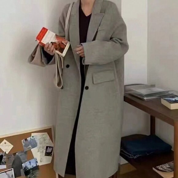 Grey Casual Women's Dropped Shoulder Double-Breasted Coat - Picture 4 of 4